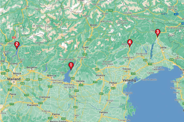 1: Gardasee; 2: Lago di Como; 3: Lago di Cavazzo; 4: Lago die Santa Croce