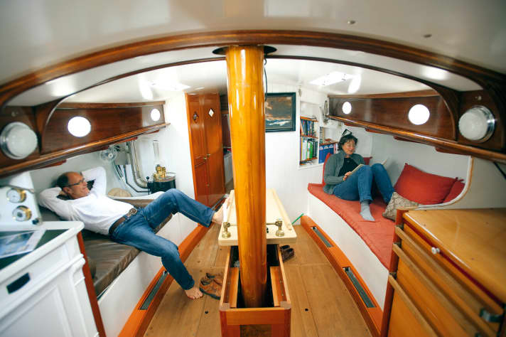   Mix of styles below deck: plenty of light and warmth from various sources