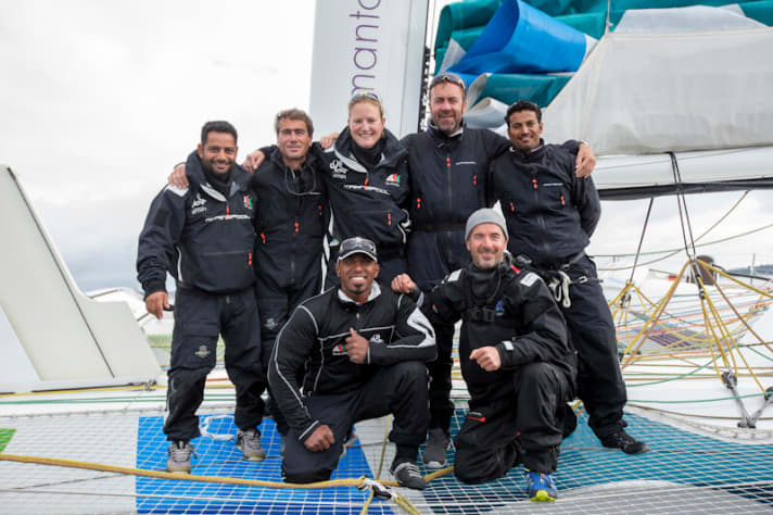   Neuer Kiel-Eckernförde-Rekord für "Musandam-Oman Sail": Die internationale Crew des Trimarans um Skipper Damien Foxhall mit Tim Kröger und Anna-Maria Renken unterbot den alten Rekord der "SAP Extreme" um 19 Minuten und 28 Sekunden