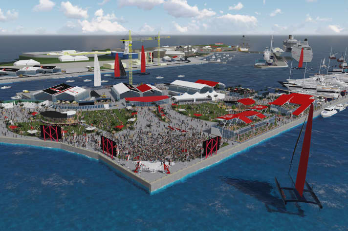   C'est à cela que pourraient ressembler le Village de la course et le front de mer de la 35e America's Cup. L'animation suggère ce à quoi les organisateurs font allusion : On doit pouvoir voir l'ensemble du parcours de la Coupe depuis la terre ferme.