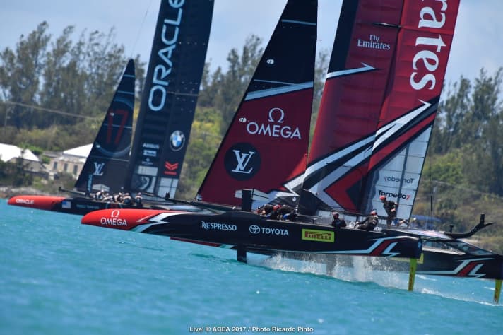   Am Sonntag gab es für Verteidiger Oracle Team USA keine Gnade: Das Emirates Team New Zealand kassierte beide Siegpunkte des Tages in überzeugender Weise