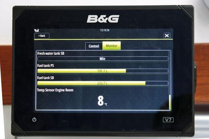   Représentation des niveaux de carburant sous forme de diagramme à barres horizontales par Naviop, filiale de Navico, sur un traceur de la même maison (B&G)