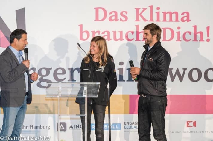   Boris Herrmann and Birte Lorenzen-Herrmann in an on-stage discussion with Frank Schweikert from the German Ocean Foundation