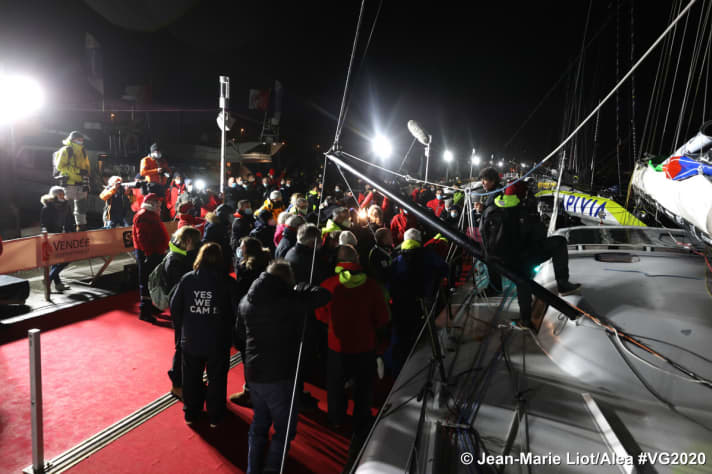   Everyone wanted to see, hear and speak to Jean Le Cam after he crossed the finish line...