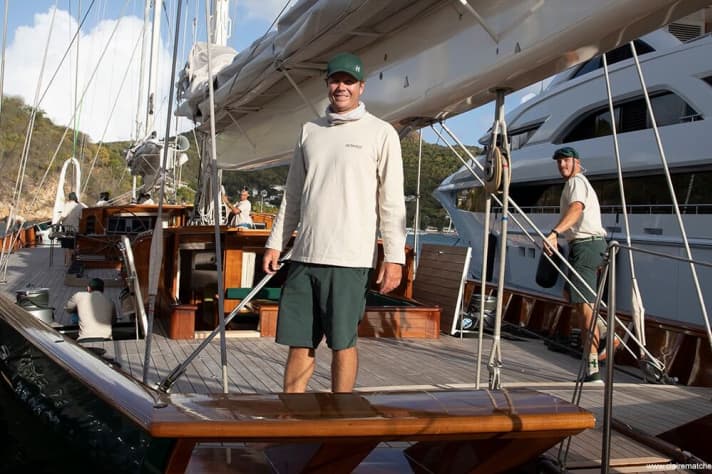   "Hetairos" tactician Cameron Appleton at the superyacht dock in Antigua