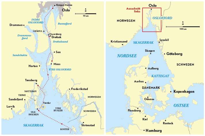 Karte des Oslofjords und der Gewässer zwischen Norwegen, Schweden und Dänemark.