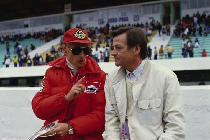 Niki Lauda und Hans Mezger, ca. 1984.