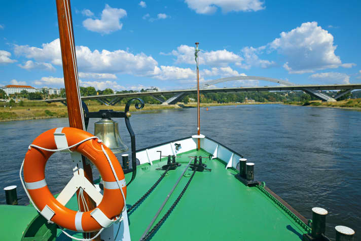 A trip on the paddle steamer on the Elbe above Dresden with the Waldschlösschen Bridge ahead