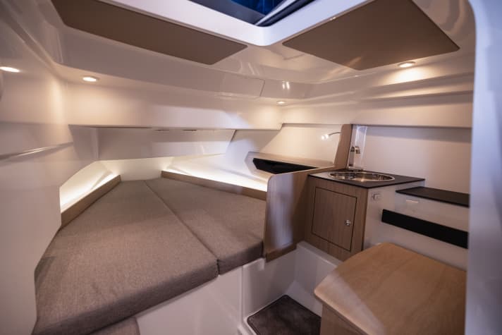 The V-berth in the bow of the Quarken 27