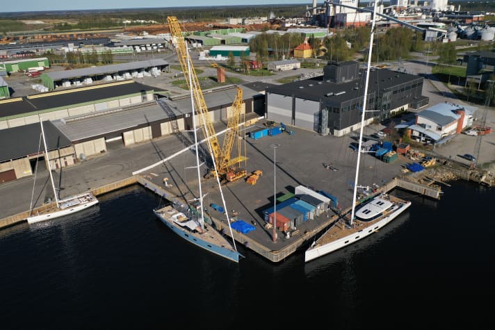 Baltics existing Jakobstad site with quay. The new building will be erected behind the dark grey hall