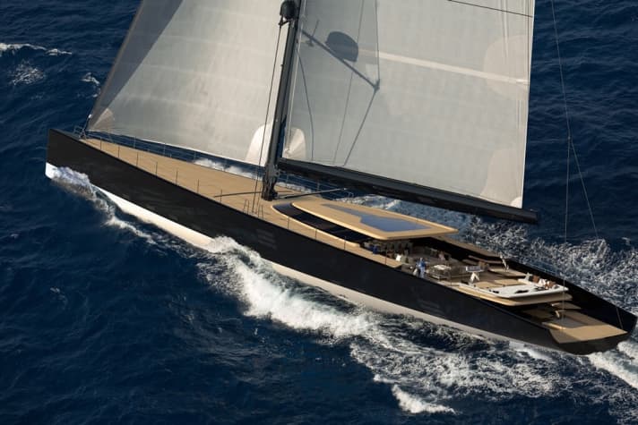 "Wally 53m": Die Karbonslup soll nur 180 Tonnen verdrängen. Das Deckshaus ist sportlich flach, das Vorschiff kommt ohne Luken aus. | s.