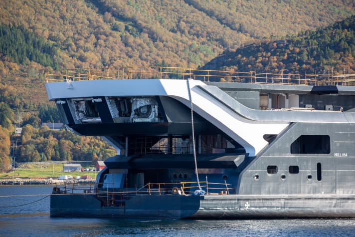 Form and function: The aft helideck and the trawling equipment below it in the service of science. | t.