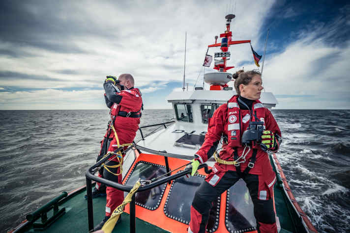 Sea rescuers on board the rescue boat Paul Neisse during a search in the North Sea off Büsum