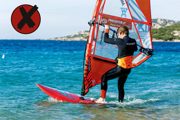 The most common beach start mistake: the board is loaded too far back