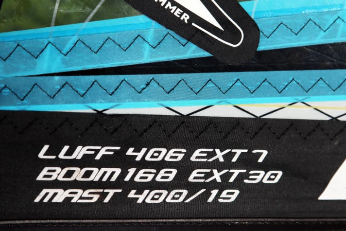 Dimensions are printed on the sail