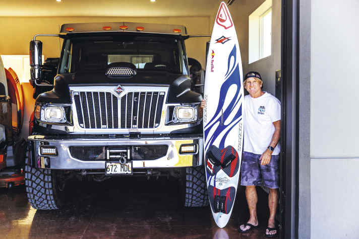 Slim boards and fat cars - Robby's nimble boards on the water don't quite match the inertia of his truck.