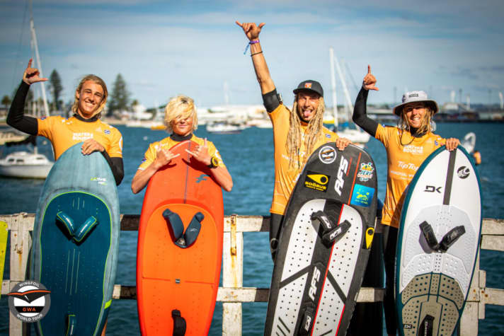 Chris Mac Donald (2nd from left) claimed his second victory on the GWA Wingfoil World Tour against Malo Guénolé (left)