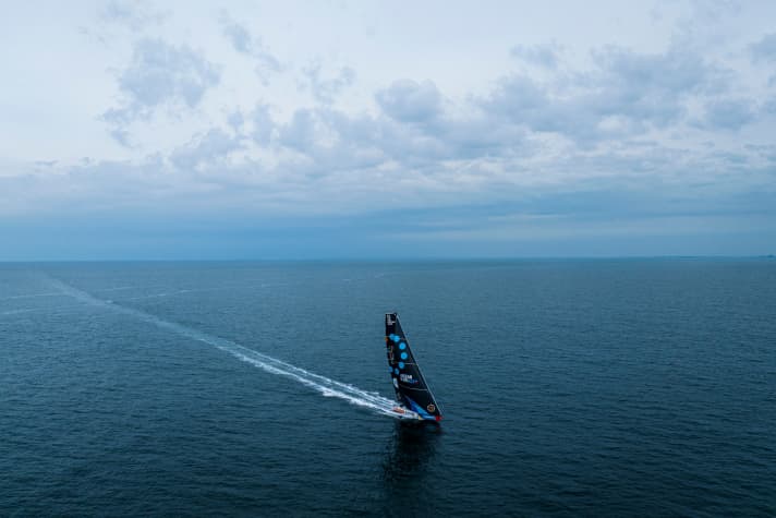 The Ocean Race 2022-23 - June 18, 2023. 11th Hour Racing Team leaving The Hague for delivery to Genoa, Italy, after completing repairs to the damaged port side.