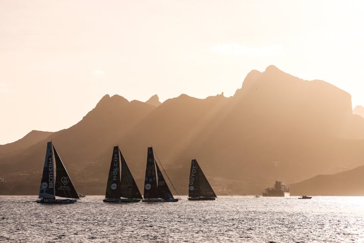 The Ocean Race fleet at the start of the second leg. It takes the five teams from Cape Verde to Cape Town