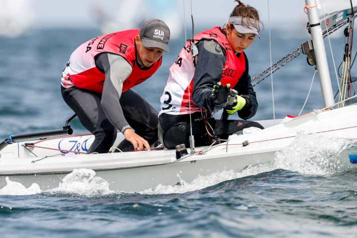 After 2,000 kilometres from the Ukraine at the start of Kiel Week: the 470 mixed team Yehor Samarin/ Yelyzaveta Vasylenko. Photo: Christian Beeck