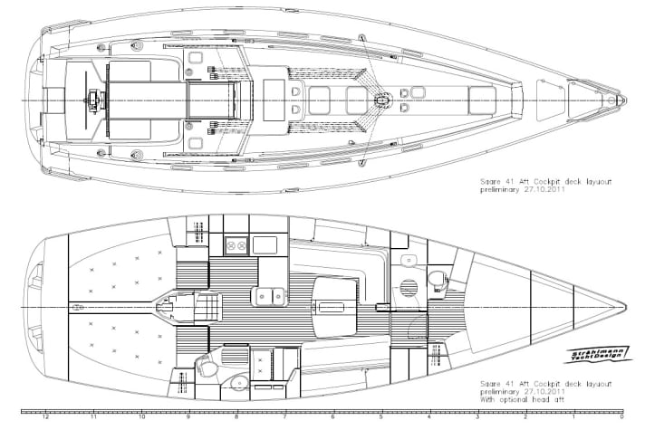   Plan du pont et de l'intérieur. La version à trois cabines avec deux salles d'eau n'est qu'une des nombreuses variantes d'aménagement possibles.
