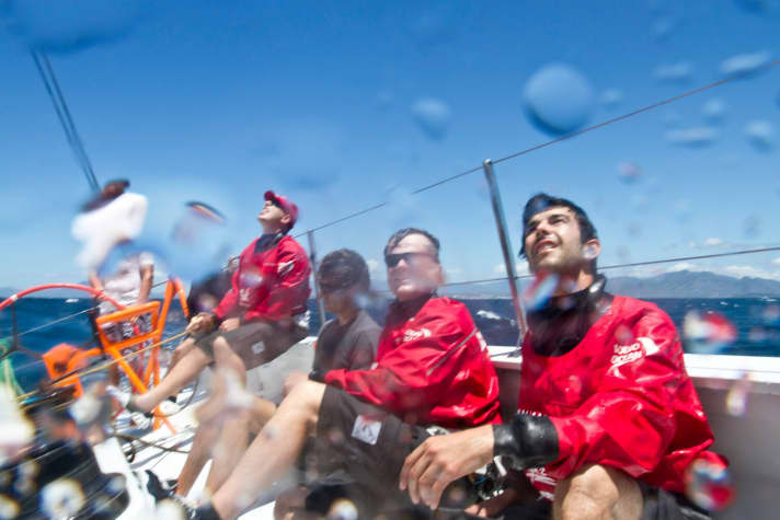   Wet and sunny: Team Sanya on the way to an unknown destination in the Indian Ocean, where they want to rejoin the fleet