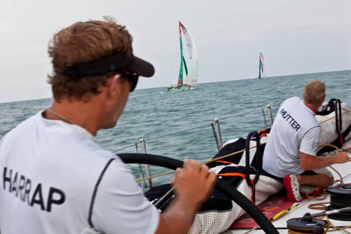   Still in sight: At times, the three leading boats in the corridor sailed in convoy, but Telefonica (on the horizon) was not to be outdone