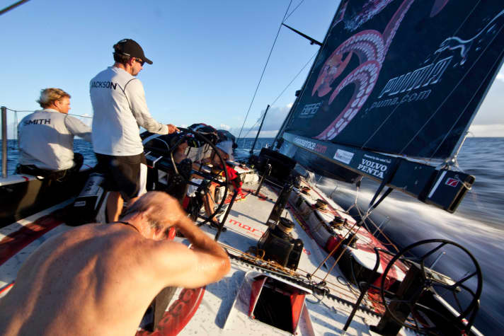   Washing & drying: Puma's boss Ken Read washing cats on the aft deck