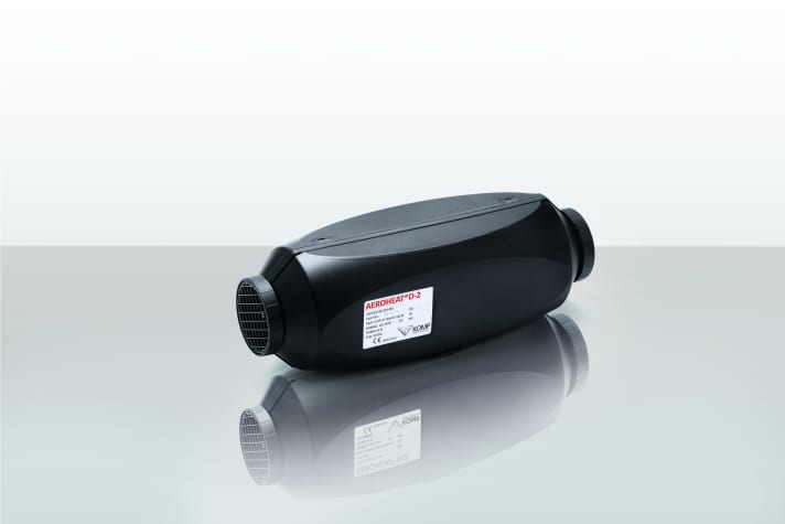   Aeroheat D2 diesel heater from Komp. Flue gas and combustion air connection are on the underside