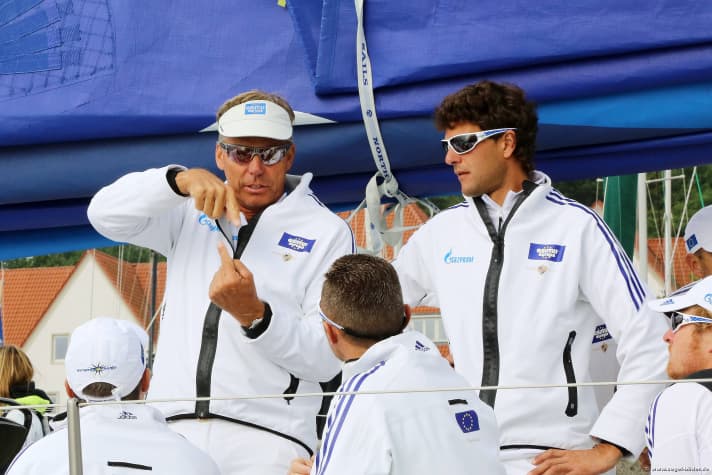   Skipper Jochen Schümann and the Esimit crew in conversation
