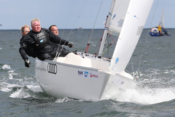   Won both races of the day in the Sonar: Paralympic silver medallists Jens Kroker, Robert Prem and Siegmund Mainka. The field is still very small with only four boats at its premiere, but next year at least a dozen Sonars will be at the starting line