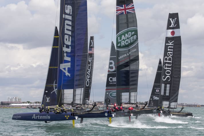   Racing around the waters off Portsmouth: the Cup teams on their AC45F catamarans