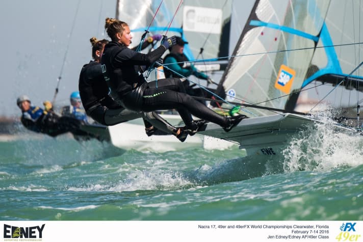   The women sail their 49erFX like tamers of broncos gone wild