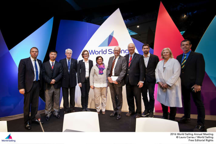   World Sailing President Kim Andersen (5th from right), his Vice-Presidents, including DSV Sports Director Nadine Stegenwalner (4th from left) and Secretary General Andy Hunt (left)