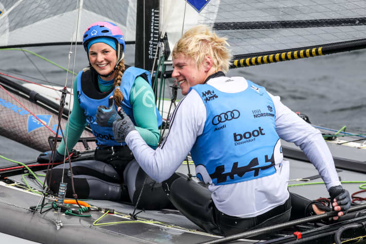   Starke Zweite: Jan Hauke Erichsen und Ann-Kristin Wedemeyer mussten sich im Nacra 17 nur Österreichs olympischem Bronzemedaillen-Gewinner Thomas Zajak und seiner neuen Vorschoterin Barbara Matz geschlagen geben