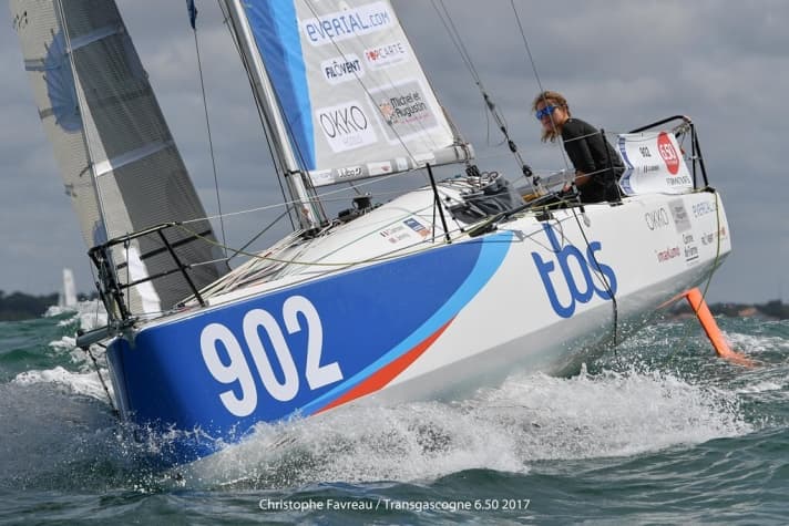   Clarisse Crémer and her mini "Pile Poil", a Pogo 3 that she bought new for her Transat campaign