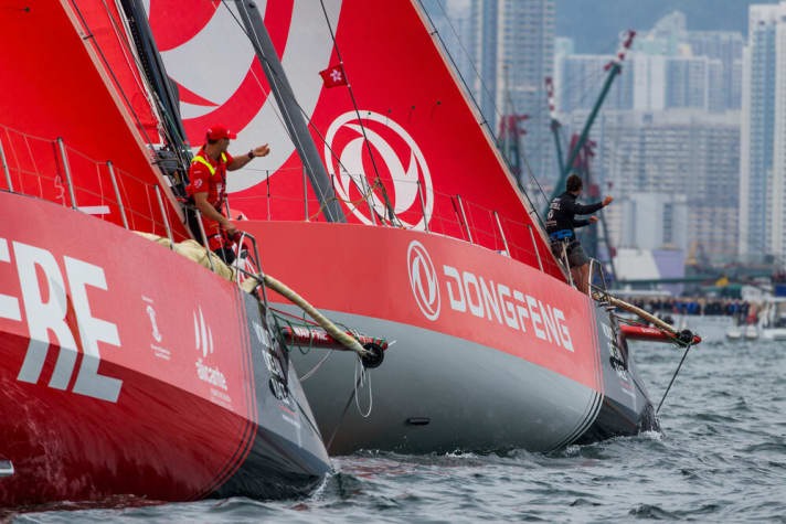   One of the countless duels between the "Reds": Dongfeng vs Mapfre. Blair Tuke can be seen in the foreground on board Mapfre
