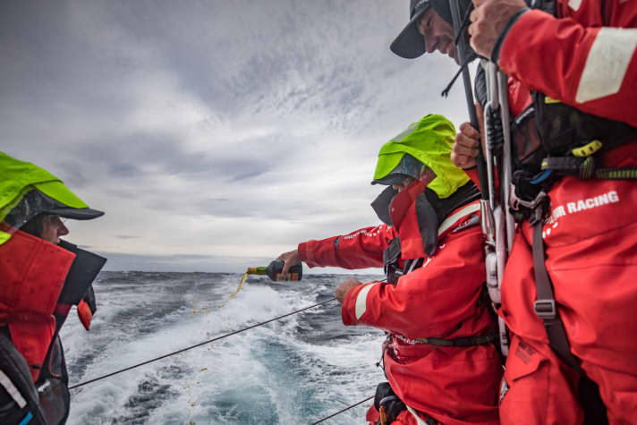   Vestas 11th Hour Racing's gift to Neptune: Nick Dana, Simon Fisher and Stecey Jackson complete the tradition off Cape Horn