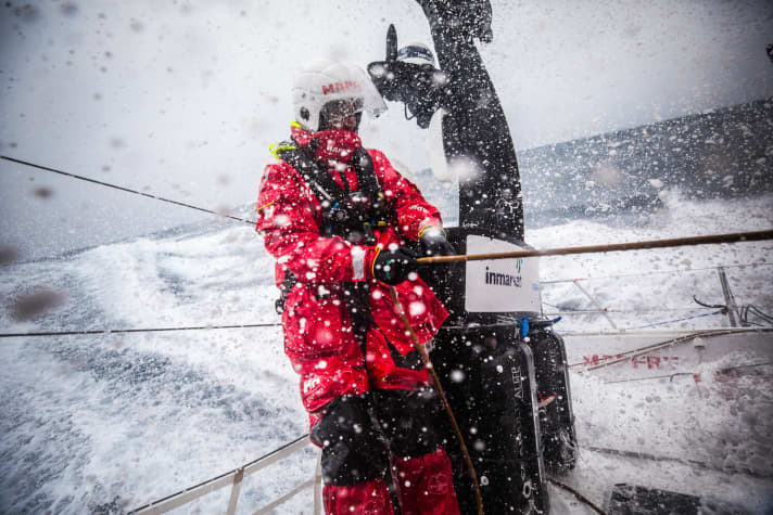   A stark contrast to 49er sailing: Blair Tuke in action for the Spanish team Mapfre in the Volvo Ocean Race