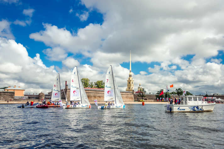   Regatta scene in front of the Peter and Paul Fortress in St Petersburg