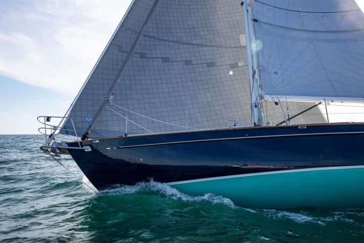   A cruising genoa made of 3Di Ocean 370 with a striking check pattern created by additional fibre layers
