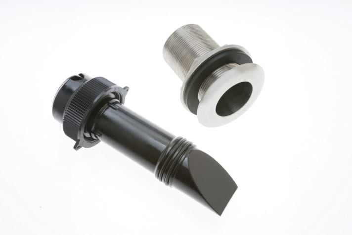   The transducer of the forward scan echo sounder from B&G. The bevelled area protrudes from the fuselage
