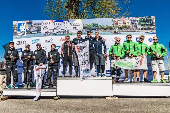   Le trio de tête de la deuxième division à Prien : Le Konstanzer Yacht Club a fait la course en tête. La Seglervereinigung Itzehoe et le Mühlenberger Segel-Club se sont classés deuxième et troisième.