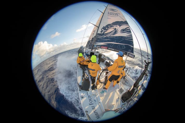   Like a Christmas bauble: Sam Greenfield's view of Dee Caffari's crew on "Turn the Tide on Plastic"