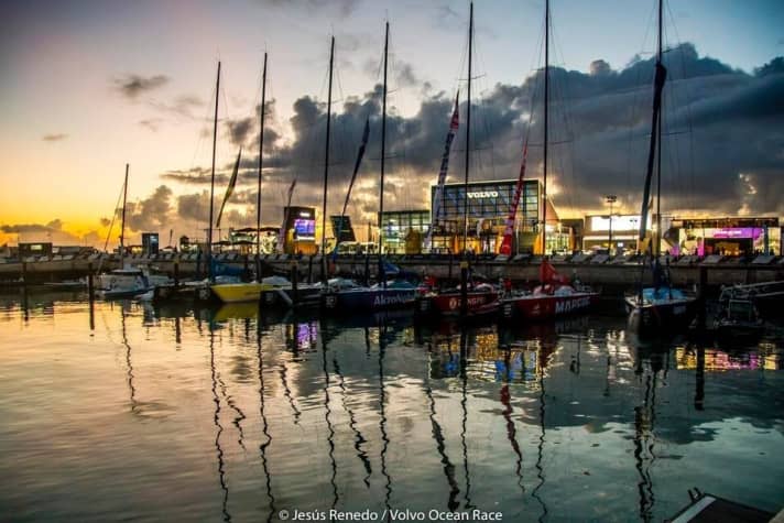   Ready to set sail: The VOR fleet before the start of the second leg from Lisbon to Cape Town on Sunday