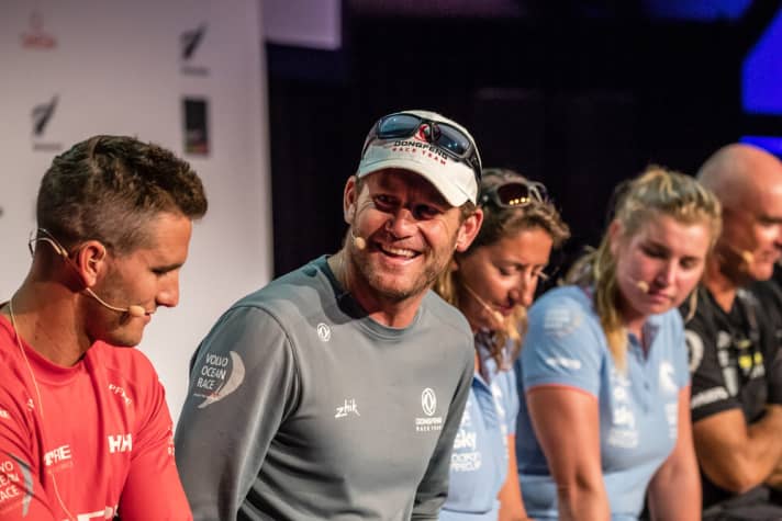   Dongfeng skipper Charles Caudrelier in a light-hearted moment at this very serious press conference ahead of the toughest leg of this 13th edition of the Volvo Ocean Race