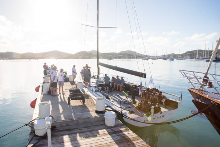   Back from the race: "Outsider" in the harbour at Antigua Yacht Club