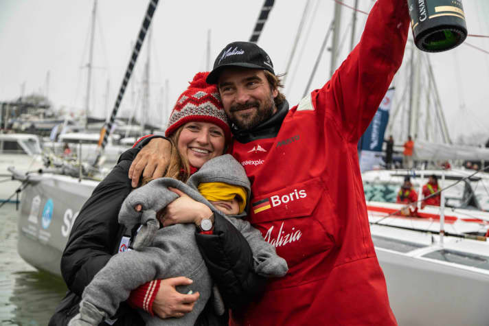   Boris Herrmann at the finish of his Vendée Globe premiere with his wife Birte Lorenzen-Herrmann and daughter Marie-Louise