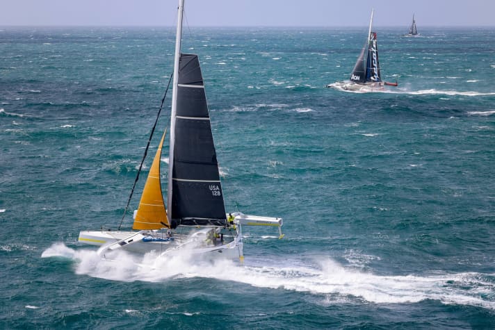   The trimarans are the fastest class in the field of the 49th Fastnet Race