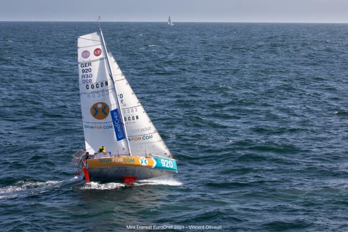   A seulement 19 ans, Melwin Fink, né à Bielefeld, est actuellement en tête du classement des bateaux de série lors de sa première mini-transat. Il navigue sur son "Signforcom" avec le numéro de bateau 920.